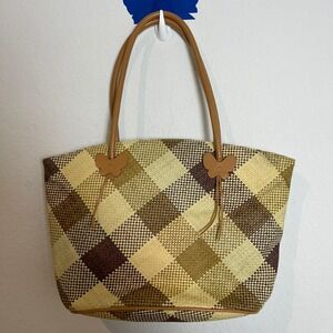 Etienne Aigner Straw Tote Woven Shoulder Bag Butterfly Brown Plaid Beach Summer‎